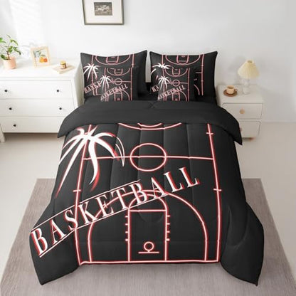 Sports Bedding King Size 7-Piece Basketball Comforter Set for Girls Boys, Neon Glowing Red Bedding Comforter Sets Sport Theme Bed in a Bag, Black Red Bedding Accessories Microfiber (Black Reversible)