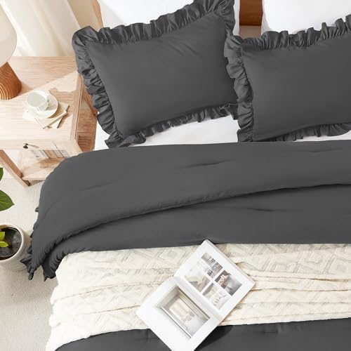 Andency Oversized King Ruffle Comforter Set, 3 Pcs Dark Gray Fluffy Bedding