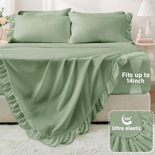 FUANNA Queen Sheets 4 Pieces - Green Sheets with 4-Inch Ruffles Bed Skirt