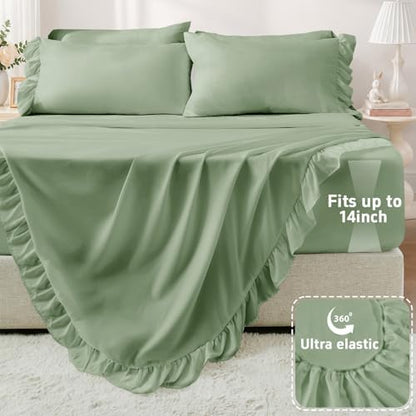 FUANNA Full Sheet Set 4 Pieces - Green Sheets with 4-Inch Ruffles Bed Skirt