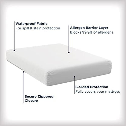 AllerEase Waterproof Mattress Protector Stain Protection Queen Size Allergen Barrier Hot Water Washable Machine Washable Durable Zippered Knit Mattress Cover Stretch Corners (White)