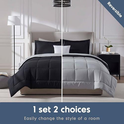 Nestl 9 Piece King Comforter Set – Black Reversible Bed in a Bag – Complete King Size Bedding Set with Sheets, Set of 2 Cooling Pillows, Pillowcases and Shams