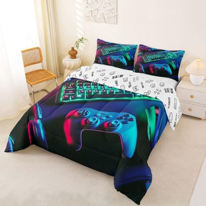 Feelyou Gamer Comforter Set All Season Gaming Bedding Set with 2 Pillow Cases Game Room Decor Microfiber Kids King Bedclothes Gamepad Bedroom Decor Green Duvet Quilt Breathable Soft Lightweight