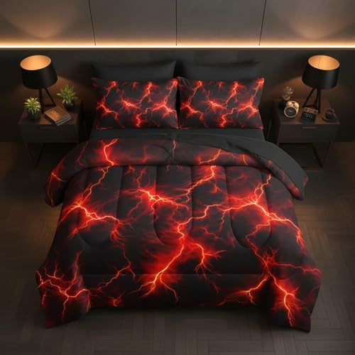 QOOMO Red Lightning 7 Pieces Comforter Set Queen,Neon Bedding Set for Kids