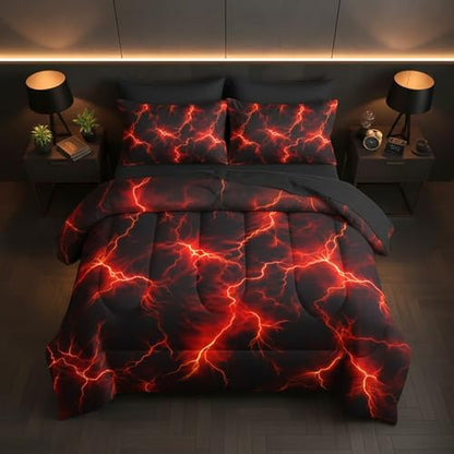 QOOMO Red Lightning 7 Pieces Comforter Set Queen,Neon Bedding Set for Kids
