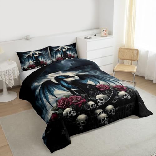 Feelyou Dragon Bedding Set Soft for Boys Girls,Dragon Stuff Comforter Set King Size Wild Life Duvet Quilt Magic Wildlife Bedroom Decor Blackish 3 Pcs with 2 Pillow Cases