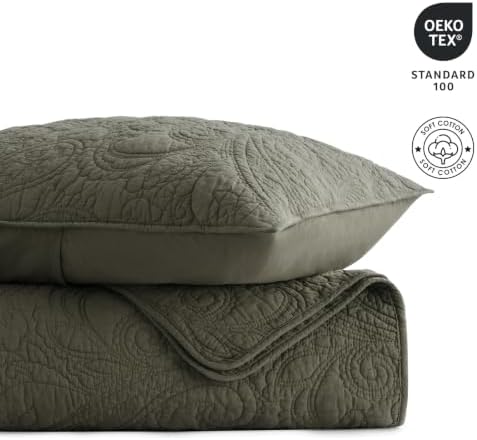 EVERGRACEHOME 100% Cotton Paisley Quilt Set, Oversized King, Olive Green
