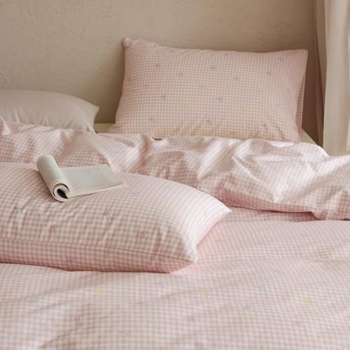 LifeTB Bowknot Duvet Cover Full Size 100% Cotton Pink Gingham Duvet Cover Colorful Bow Bedding Set Soft Breathable Plaid Checkered Comforter Cover with 2 Pillowcases Cute Grid Gingham Bedding Set
