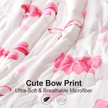 Wajade 7 Piece Pink Bow Bedding Set for Girls Kids Full Size Comforter Set with Sheet and 2 Pillowcases 2 Pillow Shams Cute Girls Bed in a Bag as Birthday Choice