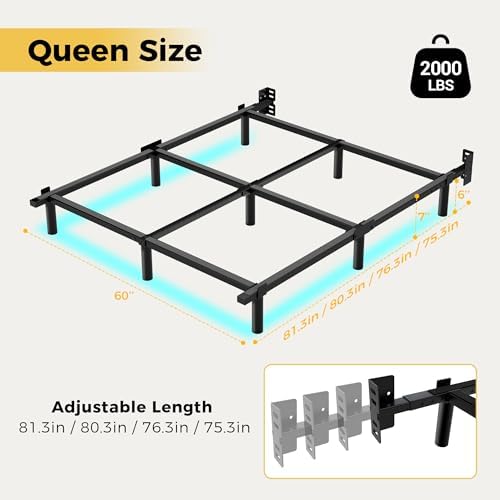 Queen Bed Frame with LED Light, 7 Inch Heavy Duty Metal Base for Box Spring