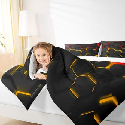 Manfei Honeycomb Comforter Set Queen Size Geometric Hexagon Bedding Set 3pcs for Kids Boys Teens Room Decor Yellow Red Neon Lights Duvet Insert Modern Fashion Luxury Down Comforter with 2 Pillowcases