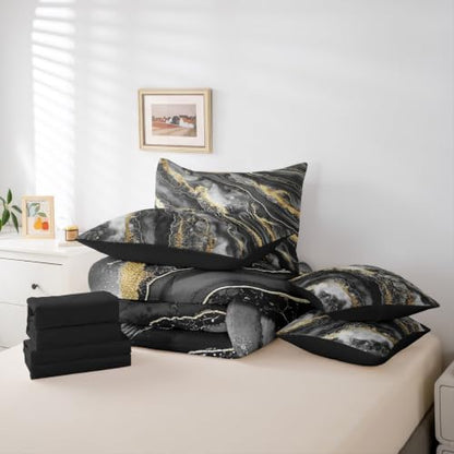 Erosebridal Black Marble Comforter Set Full Size,Gradient Artwork Bedding Set for Kids Teens,Black Golden Tie Dye (Comforter+Fitted+Flat Sheet+2 Pillowcases+2 Throw Pillow Covers) 7 Pieces Bed Set