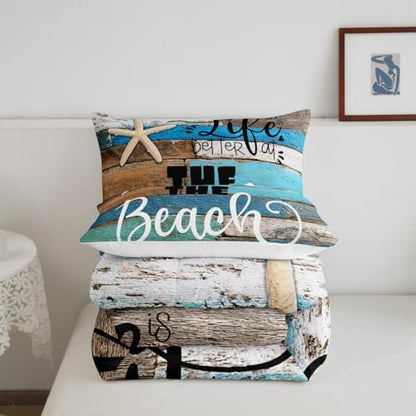 Blue Farmhouse Comforter Set King Size,Lake House Barn Door Bedding Set for Kids Teens Adults Room Decor,Hawaiian Ocean Bedspread Starfish Sea Life Quilted Duvet,2 Pillowcases,Vintage Brown