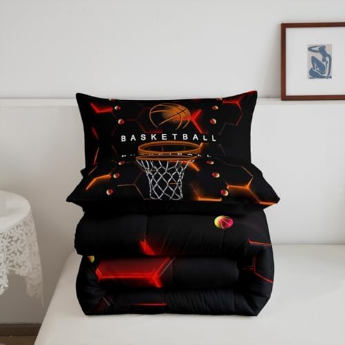 Basketball Geometric Comforter for Boys Kids,Red Yellow Hexagon Comforter Set Queen Size Home Decor,Soft Hippie Ball Sports Bedding Set,Basketball Bedroom Down Duvet,1 Comforter with 2 Pillowcases