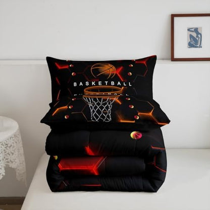 Basketball Geometric Comforter for Boys Kids,Red Yellow Hexagon Comforter Set Queen Size Home Decor,Soft Hippie Ball Sports Bedding Set,Basketball Bedroom Down Duvet,1 Comforter with 2 Pillowcases
