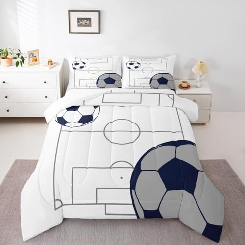Football Boys Comforter Set Twin Size Kids Soccer Ball Pattern Down Comforter for Teens Game Room Decor Sports Theme Bedding Set with 1 Pillowcase Football Court Duvet Set Polyester Quilt Set