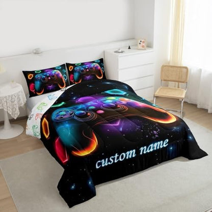 Custom Name Game Consoles Comforter Sets Twin Gamer Gifts, Personalized Boys Twin Bedding Set with Space Glow Geometric, Red Green Blue Teal, Kids Room Decor