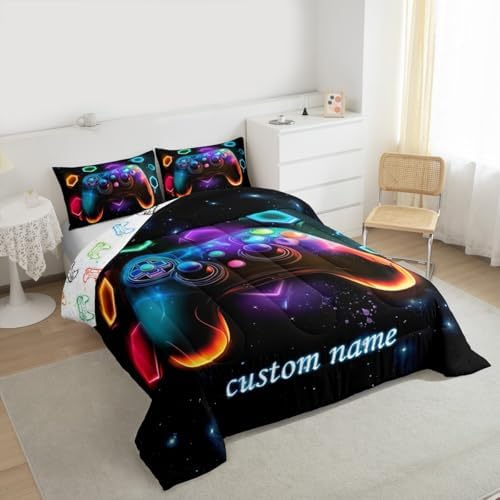 Custom Name Game Consoles Toddler Bedding Sets Gamer Gifts,Customized Gaming Comforter Sets for Boys Space Glow Geometric Kids Comforter Boys Red Green Blue Teal,Gaming Decor for Bedroom