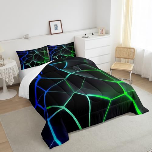Feelyou Geometric Honeycomb Comforter Set Green Blue Stereoscopic Hexagon Comforter for Kids Boys Girls Beehive Hexagon Bedding Set Geometric Duvet Set Room Decor Quilt Twin Size Boys