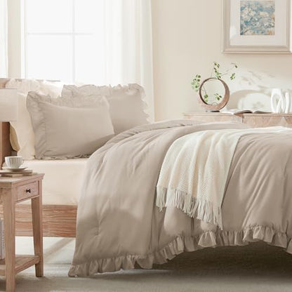 Andency Wheat King Size Comforter Set, 3 Pieces Solid Farmhouse Bedding
