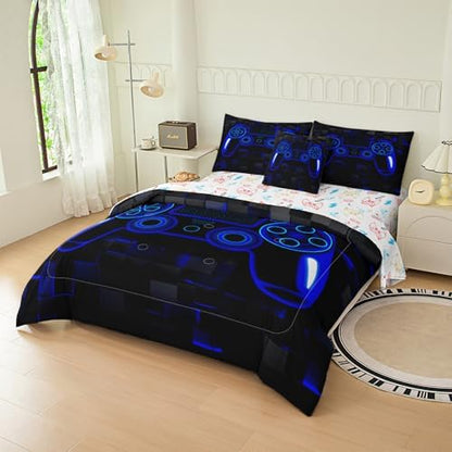 6pcs Gamepad Comforter Set for Boys,Twin Size Bedding Sets for Teen,Kids Comforter Set with 1 Quilt+1 Flat Sheet+1 Fitted Sheet+2 Pillowcases+1 Cushion Cover(Gamepad-F Twin)