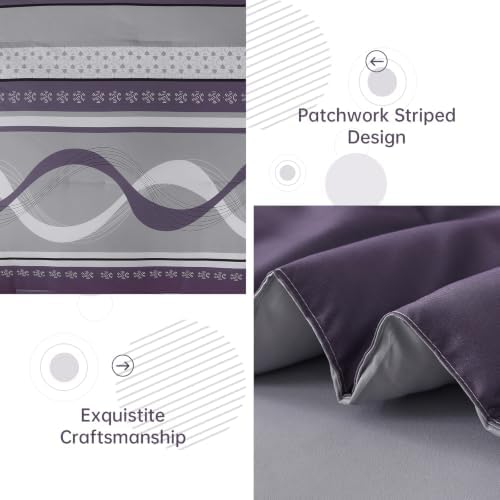 Grey Purple Comforter Set King Size,8 Pieces Patchwork Striped Bed in a Bag