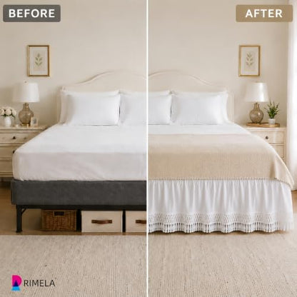 Tassel Trim Bed Skirt King 15" Drop, Elastic Wrap Around Bedskirt