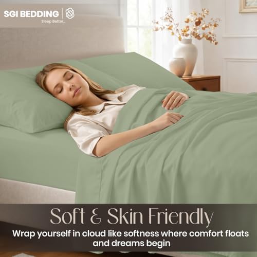 SGI bedding 100% Egyptian Cotton Sheets RV King Size – Cooling Sheets, Soft Breathable Moss Bedding, Luxury Bedding, Luxury Hotel Sheet Set, Deep Pocket 16", 4 Piece Set