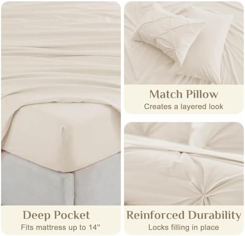 JOLLYVOGUE Twin Comforter Set 5 Pieces - Bed in a Bag Twin for All Season, Pintuck Bedding Comforter Sets with Comforter, Flat Sheet, Fitted Sheet and Pillowcases & Shams, Beige