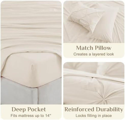 JOLLYVOGUE Twin Comforter Set 5 Pieces - Bed in a Bag Twin for All Season, Pintuck Bedding Comforter Sets with Comforter, Flat Sheet, Fitted Sheet and Pillowcases & Shams, Beige