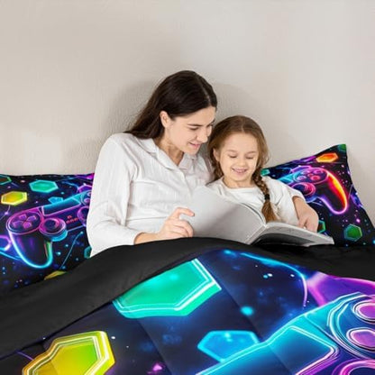 Castle Fairy Boys Gaming Reversible Comforter Set Twin Size,Video Games Gamepad Print Bedding Set with 1 Pillowcase Space Galaxy Glow Neon Hexagon Duvet Set Gamer Room Decor,Polyester (Purple Blue)