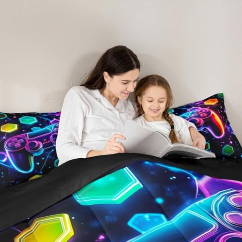 Boys Gaming Reversible Comforter Set Toddler Size,Video Games Gamepad Print Bedding Set Gamer Room Decor,Space Galaxy Glow Neon Hexagon Duvet Set with 1 Pillowcase,Polyester (Purple Blue)