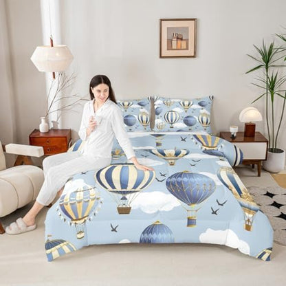 Hot Air Balloon Comforter Set Twin Size,Sky Bird Bedding Sets 2pcs for Kids Boys Girls Teens Room Cover,Adventure Games Themed Duvet Insert Sets Romantic Blue Quilted Duvet Set with 1 Pillowcase
