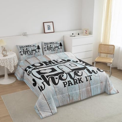 Farmhouse Rustic Camping King Size Comforter Set,Funny Home Where We Park It Bedding Set with 2 Pillowcases,Explore Camper Gifts RV Life Breathable Durable Inner Fill Polyester Bedspread