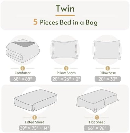 Twin Comforter Set with Sheets - 5 Pieces Bed in a Bag Linen Bedding Sets