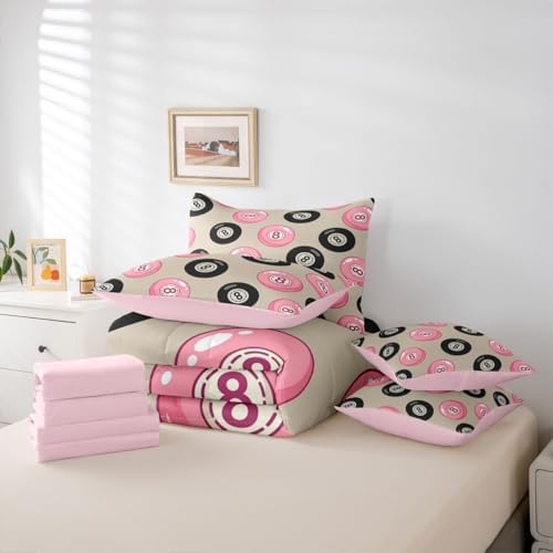 Erosebridal Kids Lucky Trendy 8 Ball 7 Piece Bedding Set Twin Girly Fashion Y2K Comforter Set for Girls Coquette Room Decor,Pink Black Lucky 8 Ball Bed in A Bag with Sheets Funky Preppy Bed Set