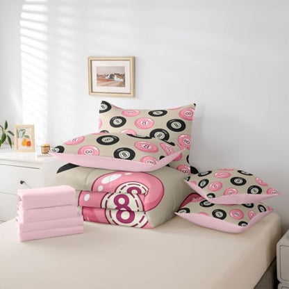 Erosebridal Kids Lucky Trendy 8 Ball 7 Piece Bedding Set Twin Girly Fashion Y2K Comforter Set for Girls Coquette Room Decor,Pink Black Lucky 8 Ball Bed in A Bag with Sheets Funky Preppy Bed Set