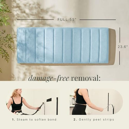 Nestl Upholstered Full Headboard - Easy Assemble Channel Stitched Headboard Full Size - Wall Mounted Headboards with 3D Soundproof Wall Panels Peel & Stick Floating Headboards, 08-Ice Blue