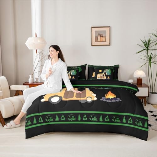 Erosebridal Camper Decor Teens Comforter Set with Sheets Happy Camping 7 Piece Bedding Set Rustic Farmhouse Bed in A Bag Twin Size Bonfire Rv Travel Trailer Bed Sets for Kids Boys Adult, Black Green