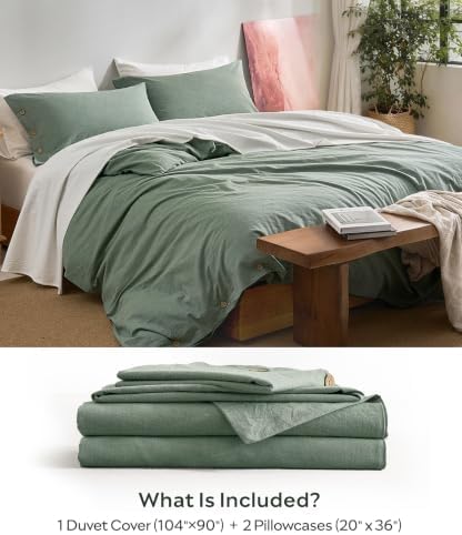JELLYMONI 100% Washed Cotton Green Duvet Cover King, Linen-Like