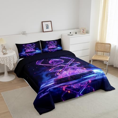 Erosebridal Ice Hockey Kids Comforter Set | Hockey Sports Bedding King,Purple Neon Down Comforter Sports Style Duvet Set for Bedroom