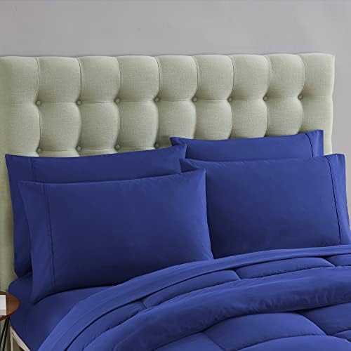 Sweet Home Collection 7 Piece Comforter Set Bag Solid Color All Season Soft Down Alternative Blanket & Luxurious Microfiber Bed Sheets, Royal Blue, Queen