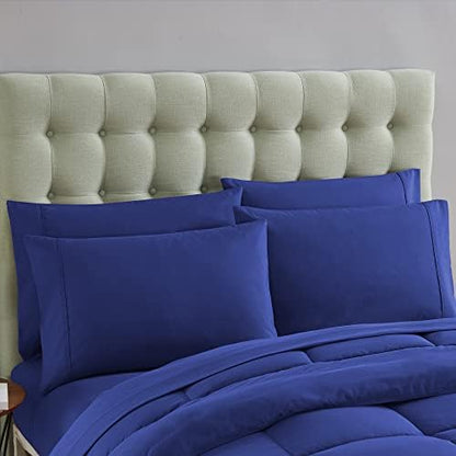 Sweet Home Collection 7 Piece Comforter Set Bag Solid Color All Season Soft Down Alternative Blanket & Luxurious Microfiber Bed Sheets, Royal Blue, Queen