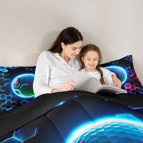 Erosebridal 3D Golf Bedding Full,Sports Decor Comforter Set Neon Geometric Honeycomb Bed Sets Cool Gamer Style Duvet Insert 3 Pieces