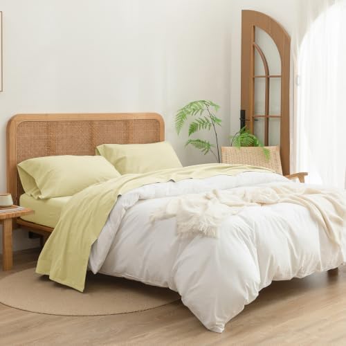 BESTOUCH Sheet Set 100% Washed Cotton Linen Feel Super Soft Comfortable Chic Lightweight 4 Pcs Home Bedding Set Solid Light Yellow California King