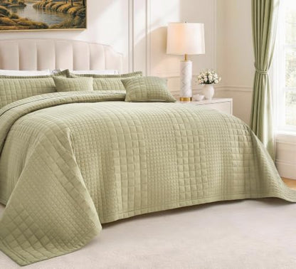Oversized King Bedspreads 128x120, Grid Stitch, Olive Green