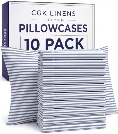 Queen Pillow Cases Set of 10 - Ultra Soft Pillowcase Covers - Blue Stripes