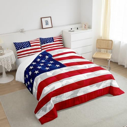 Feelyou American Flag Bedding Set Camouflage USA Flag Comforter Set Army Camo Flag Comforter Blue Red and White Stars Down Alternative Comforter for All Season Room Decor Queen Size