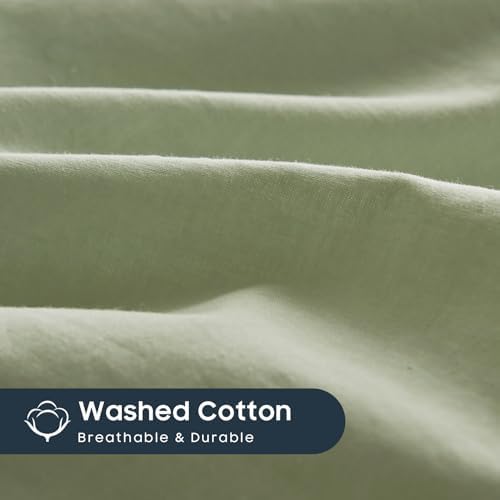 Wake In Cloud - Cotton Duvet Cover Set, 100% Washed Cotton, Linen Like Textured, Breathable Durable Comfy Farmhouse Neutral Bedding Set, 3 Pieces, Sage Green, King Size