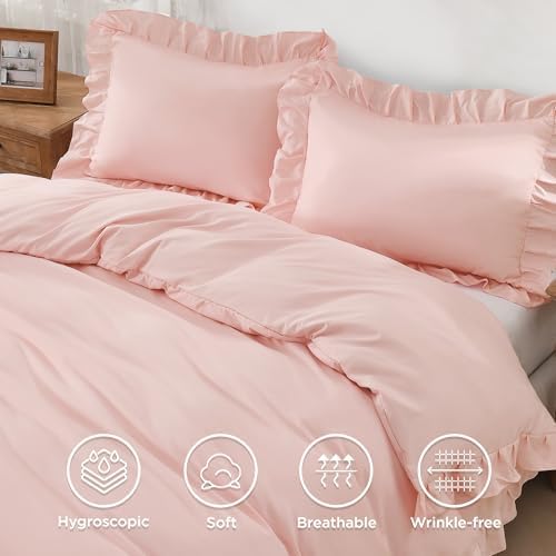 Andency Blush Ruffle Duvet Cover Full, Shabby Chic Farmhouse Bedding Set